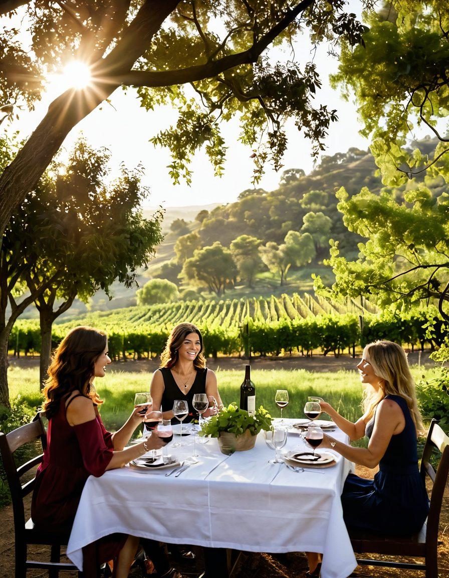 A serene outdoor setting with a beautifully set table adorned with fine wine glasses and a bottle of red wine, surrounded by nature's lush greenery. Soft sunlight filters through the trees, casting dappled light on the scene, while friends toast with laughter and joy, embodying connection and pleasure. A backdrop of rolling vineyards and a sunset sky adds warmth and richness to the atmosphere. super-realistic. vibrant colors. warm ambiance.