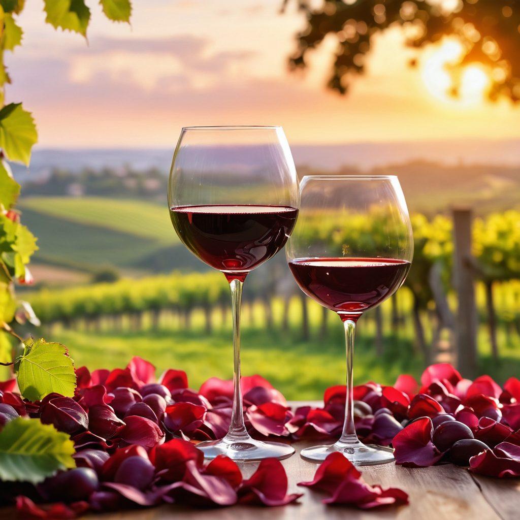 A close-up of a elegantly crafted wine glass filled with rich red wine, surrounded by delicate rose petals and soft candlelight, capturing the essence of romance and relaxation. In the background, a blurred vineyard with lush green grapes soaking in the golden sun, suggesting a serene and indulgent experience. The overall atmosphere is warm and inviting, evoking a sense of joy and sensual pleasure. super-realistic. vibrant colors. soft focus.