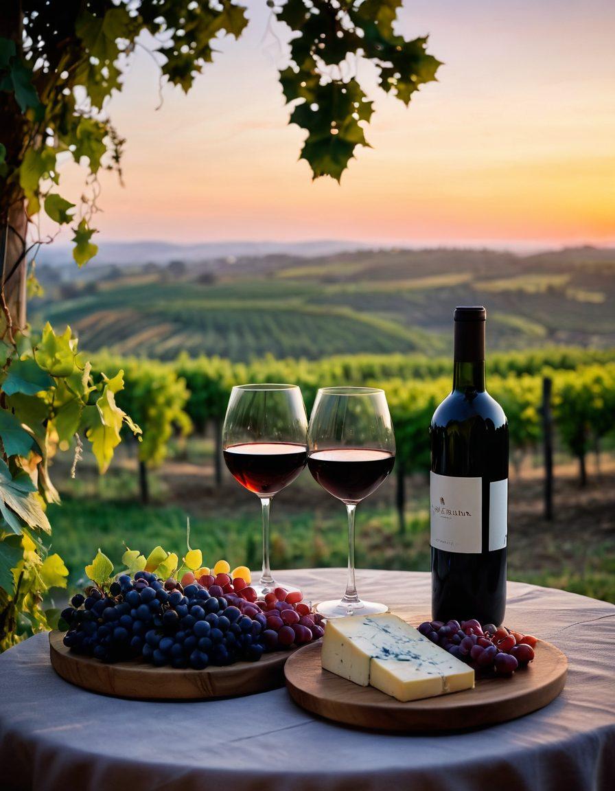 A romantic candlelit table set in a vineyard at sunset, featuring two glasses of red wine, a cheese platter, and a backdrop of lush grapevines. The scene conveys warmth and intimacy, with soft shadows, flickering candlelight, and a hint of a distant couple sharing a moment. Capture the essence of viniculture and connection. vibrant colors. soft focus.